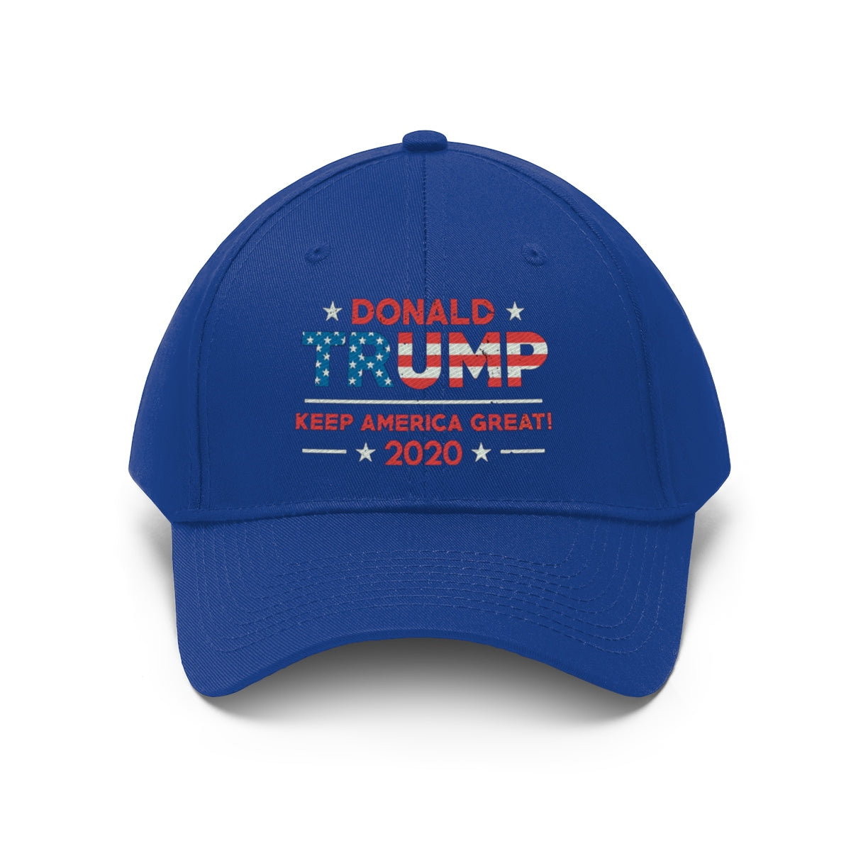 Donald Trump Keep America Great 2020 Twill Cap in blue with patriotic design and campaign slogan.