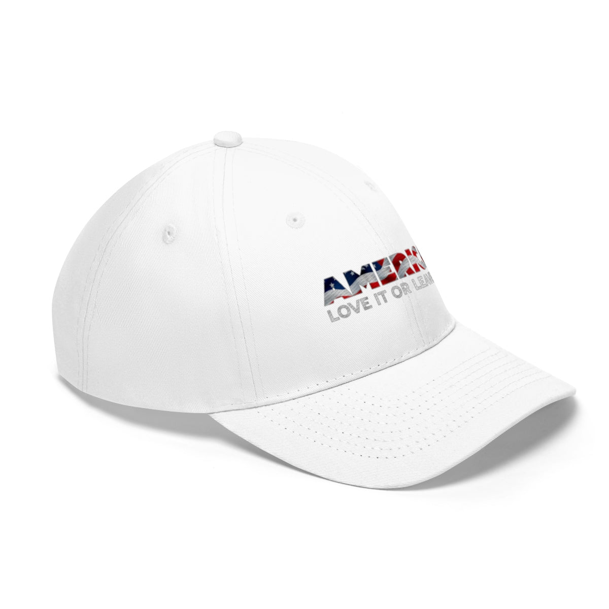 America Love It Or Leave It Twill Baseball Cap featuring a white design with patriotic colors.