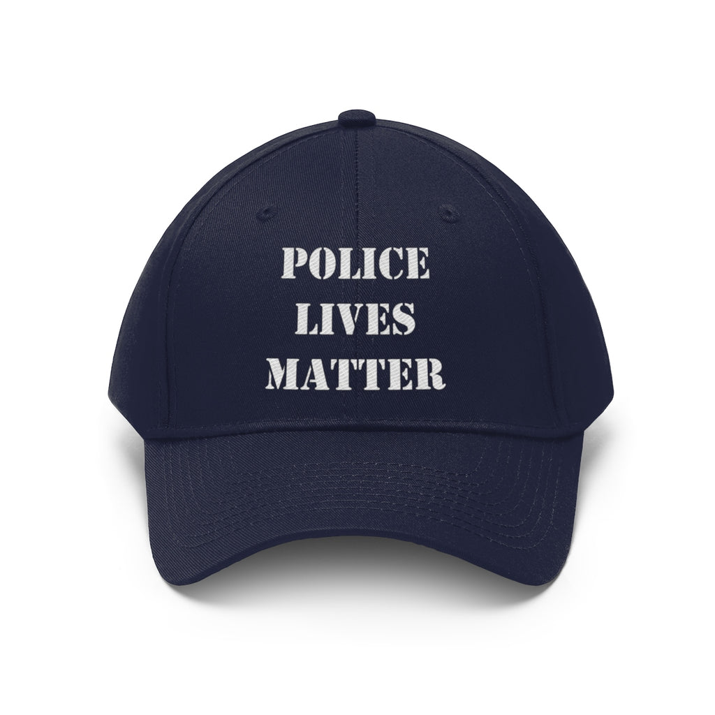 Embroidered Police Lives Matter Twill Cap in navy blue with bold lettering for law enforcement support.