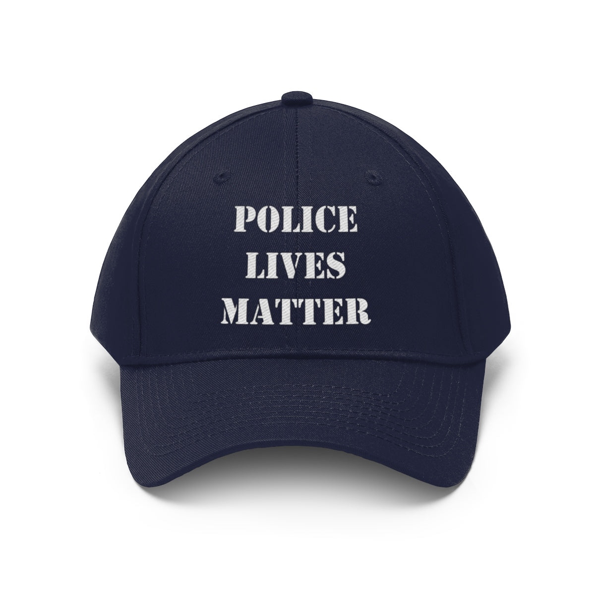 Embroidered Police Lives Matter Twill Cap in navy blue with bold lettering for law enforcement support.