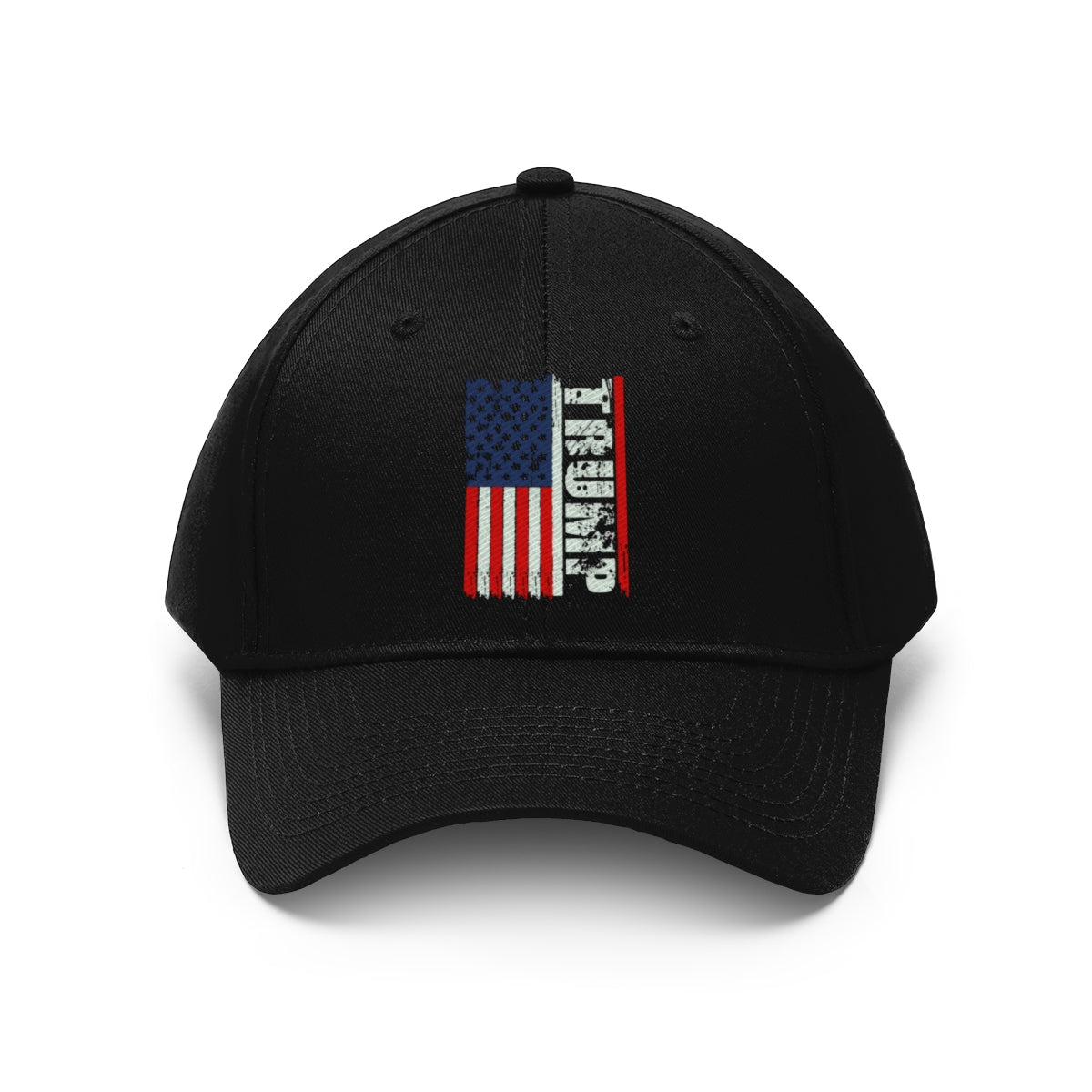 Trump On Verticle Distressed American Flag Twill Cap featuring a bold design of the American flag on a black background.