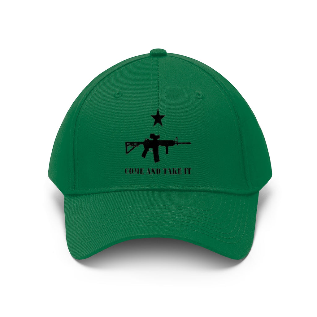 Come And Take It Star Over AR-15 Twill Cap featuring a green dad hat design with a star and rifle graphic.