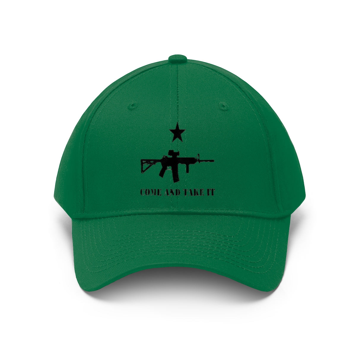 Come And Take It Star Over AR-15 Twill Cap featuring a green dad hat design with a star and rifle graphic.