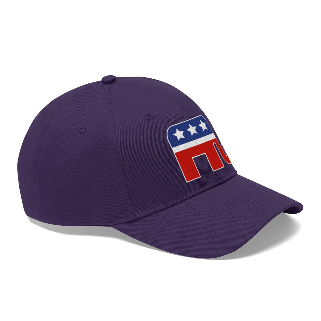 GOP Symbol Twill Cap Patriotic Political Graphic Cap with red, white, and blue graphic on purple background.