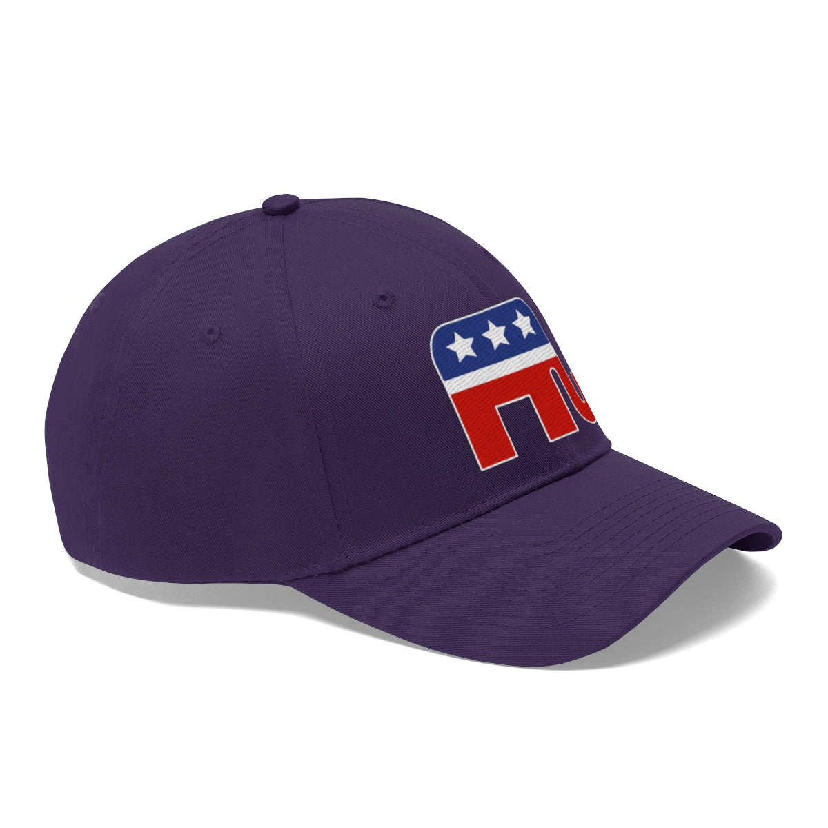 GOP Symbol Twill Cap Patriotic Political Graphic Cap with red, white, and blue graphic on purple background.