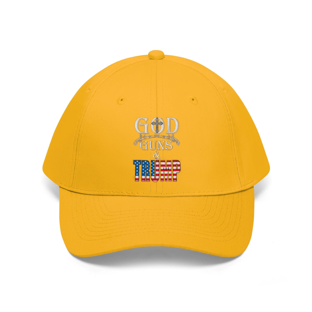 God Guns And Twill Cap Trump Patriotic Statement Hat on a yellow cap featuring bold text.