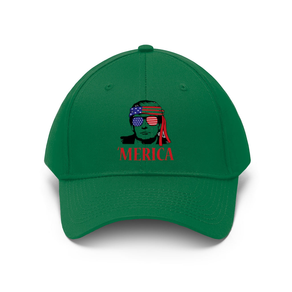 Classic Merica Baseball Cap with Trump Design in green featuring patriotic design.