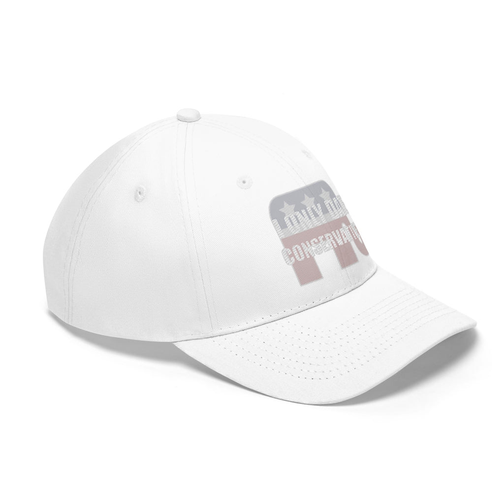 I Only Date Conservatives Twill Cap featuring a bold political design on a white base.