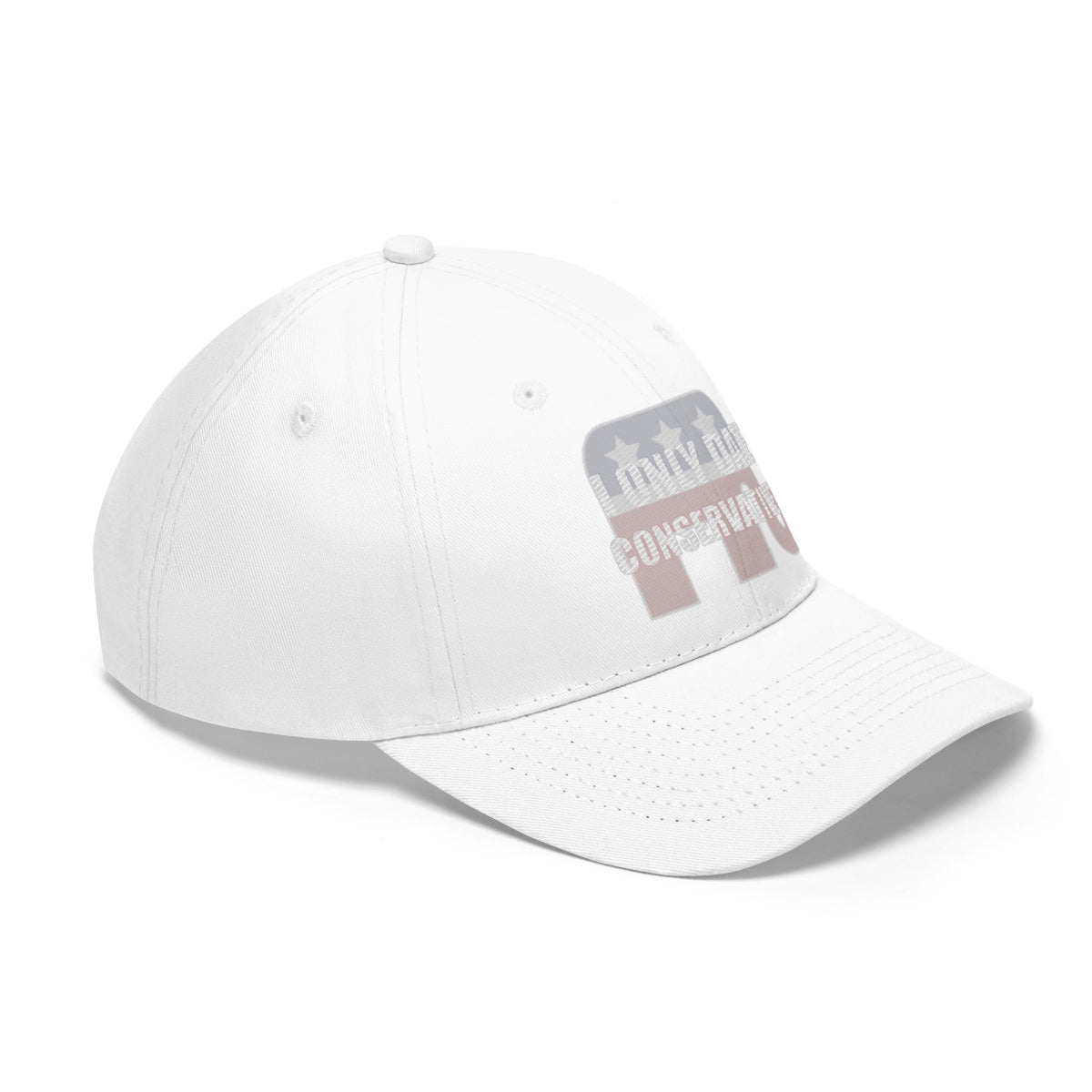 I Only Date Conservatives Twill Cap featuring a bold political design on a white base.