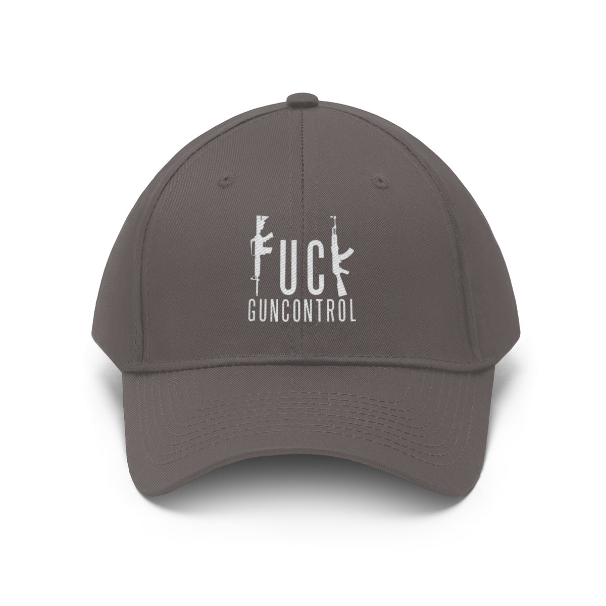 Vintage Fuck Gun Control Cotton Twill Cap displayed with a grey design, perfect for outdoor activities and everyday use.