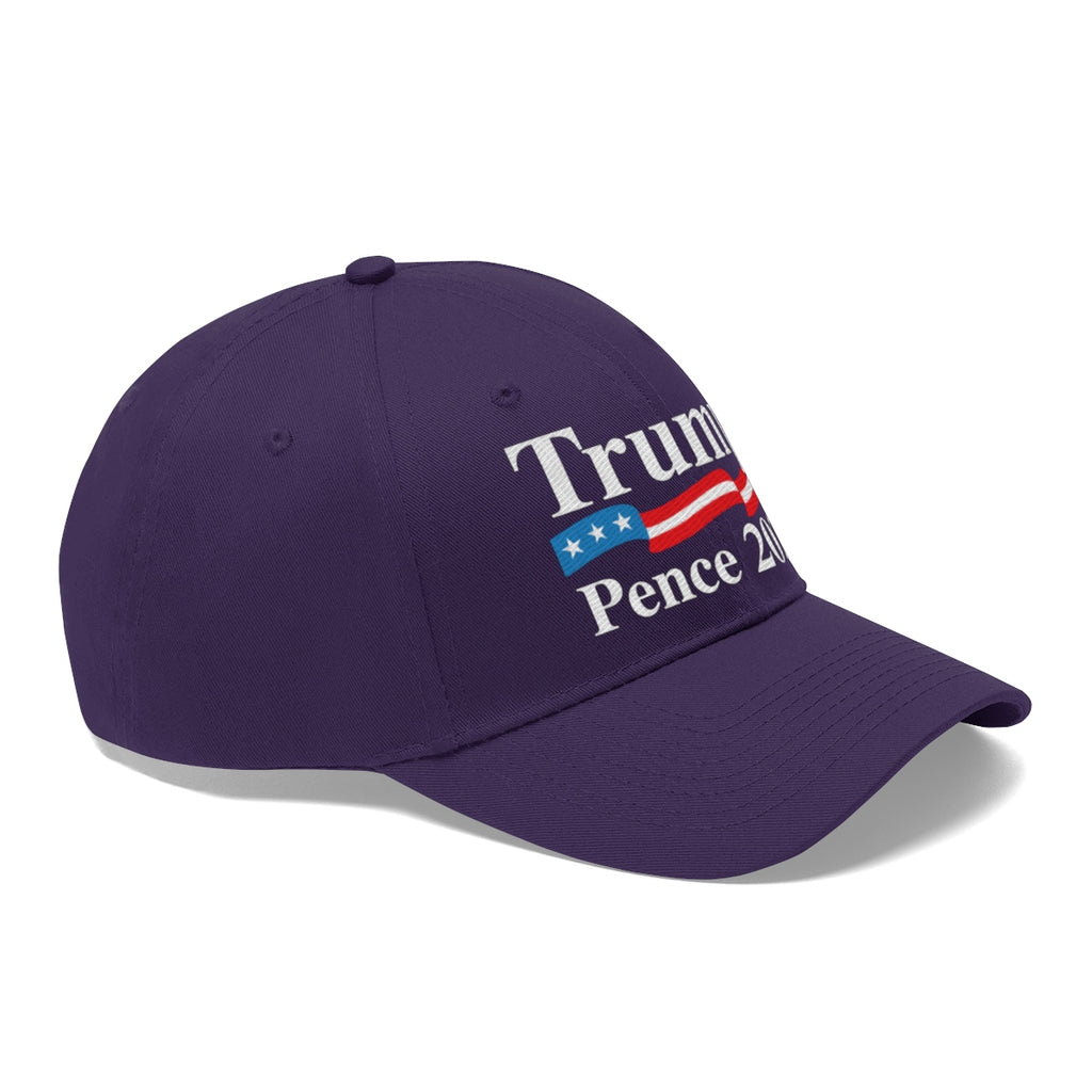 Trump Pence 2020 American Flag Twill Cap in purple with embroidered campaign slogan.