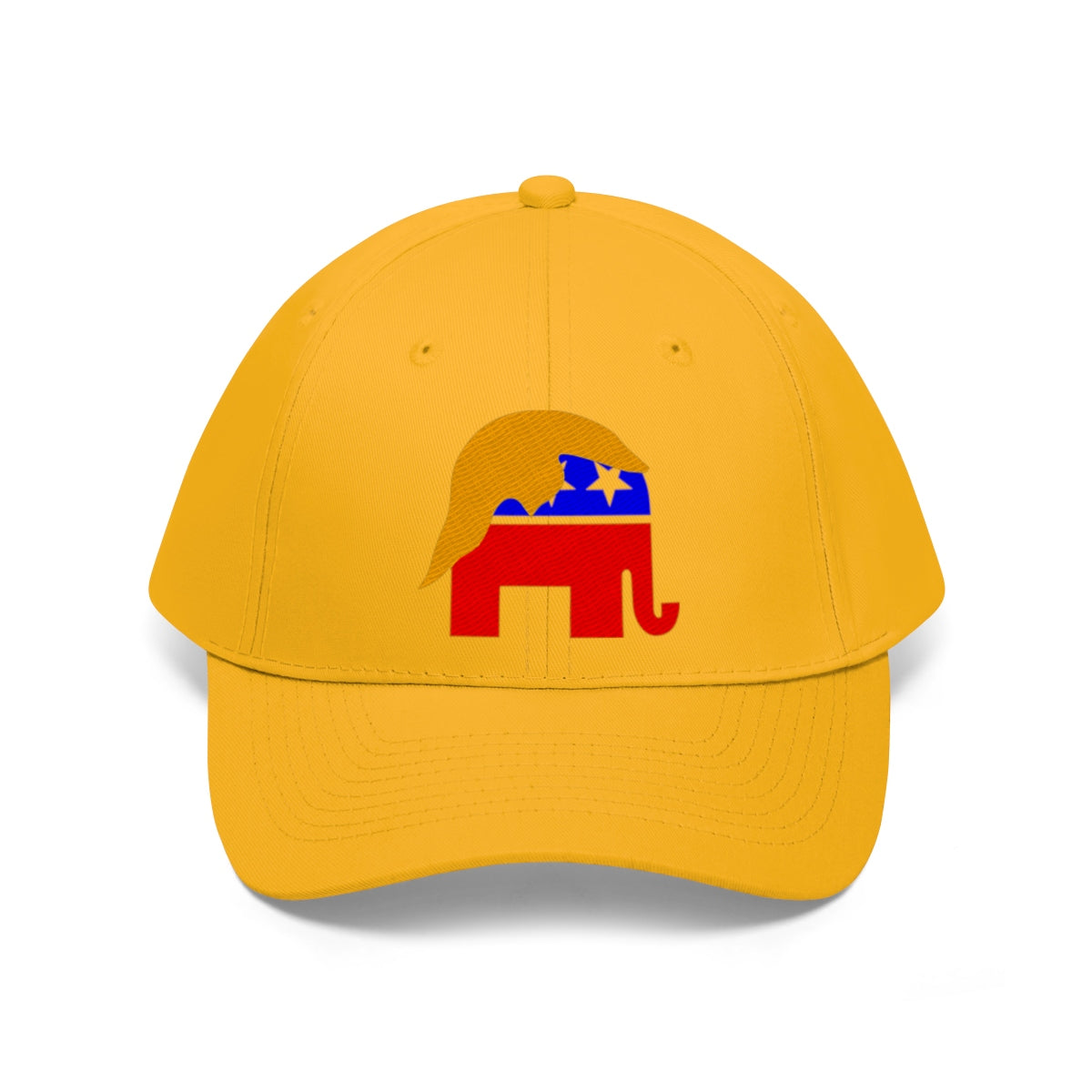 GOP Symbol With Trump Hair Twill Cap featuring a red elephant and blonde hair design on a yellow hat.