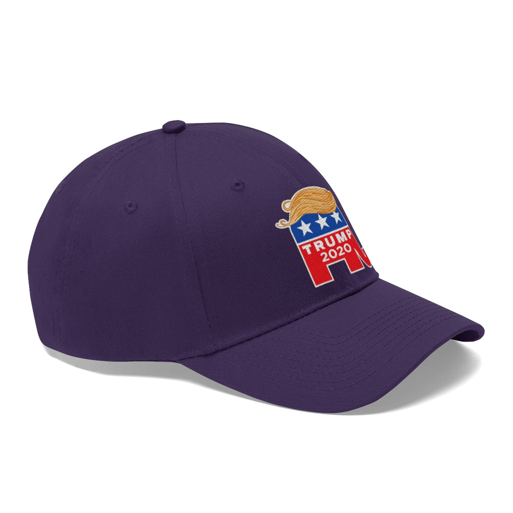 Hair 2020 Twill Baseball Cap Featuring Trump in purple with embroidered design.