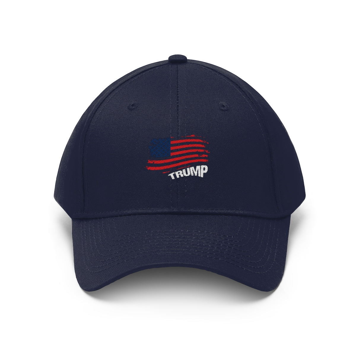 Navy Trump American Flag Patriotic Twill Cap with red and blue flag design