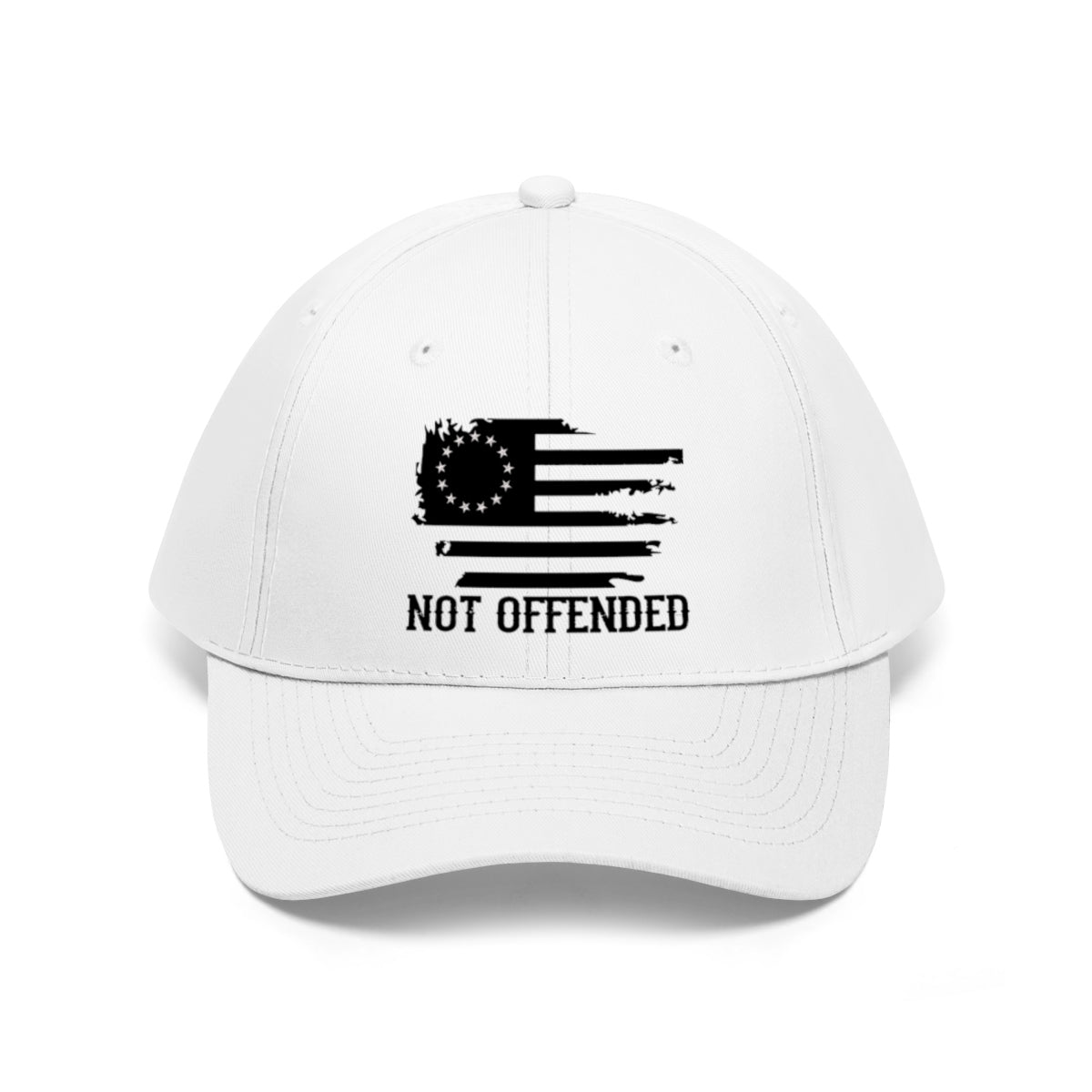 Embroidered Not Offended Casual Twill Hat featuring a distressed flag design and bold 'NOT OFFENDED' text.