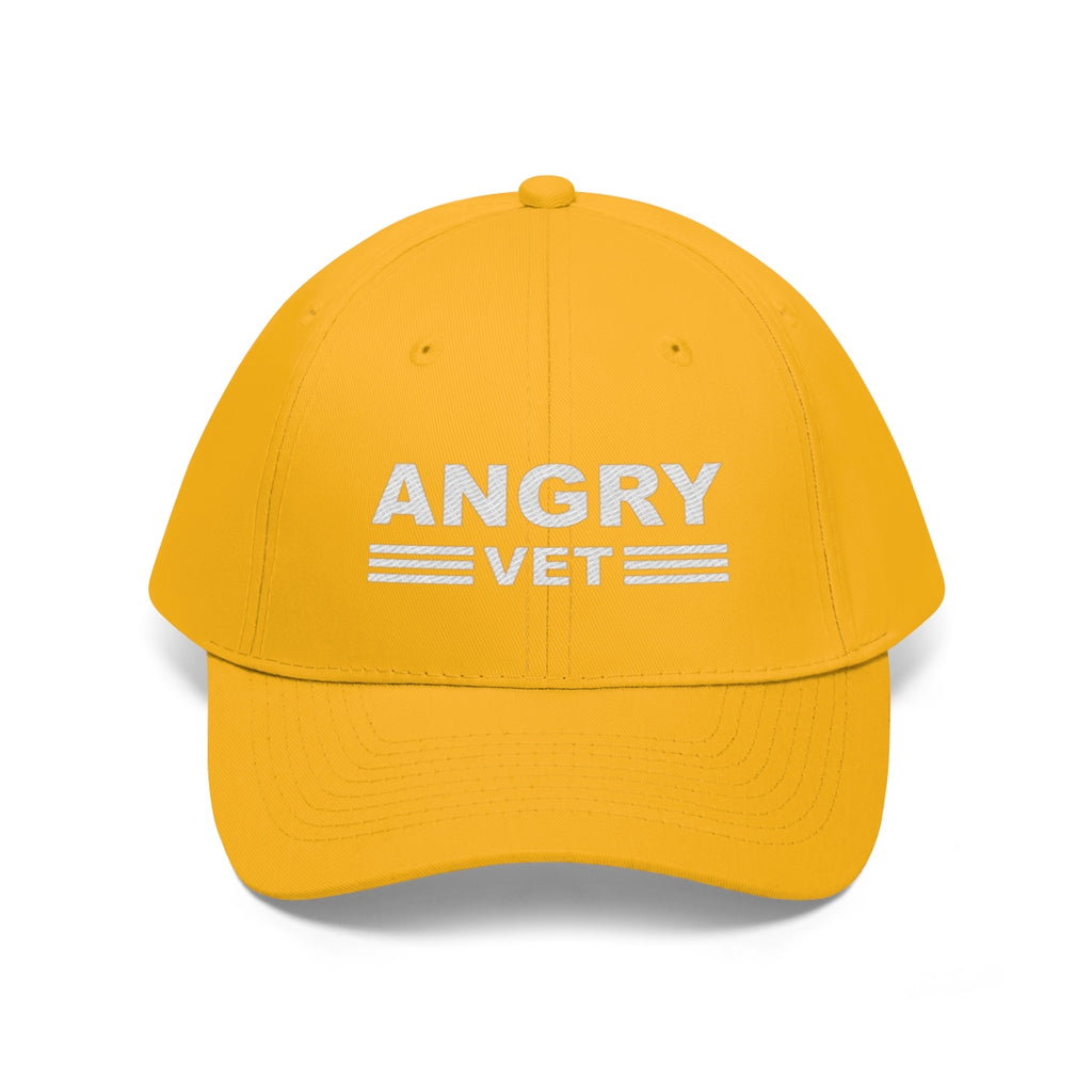 Angry Vet Twill Cap Veteran Pride Graphic Hat in yellow with white lettering.