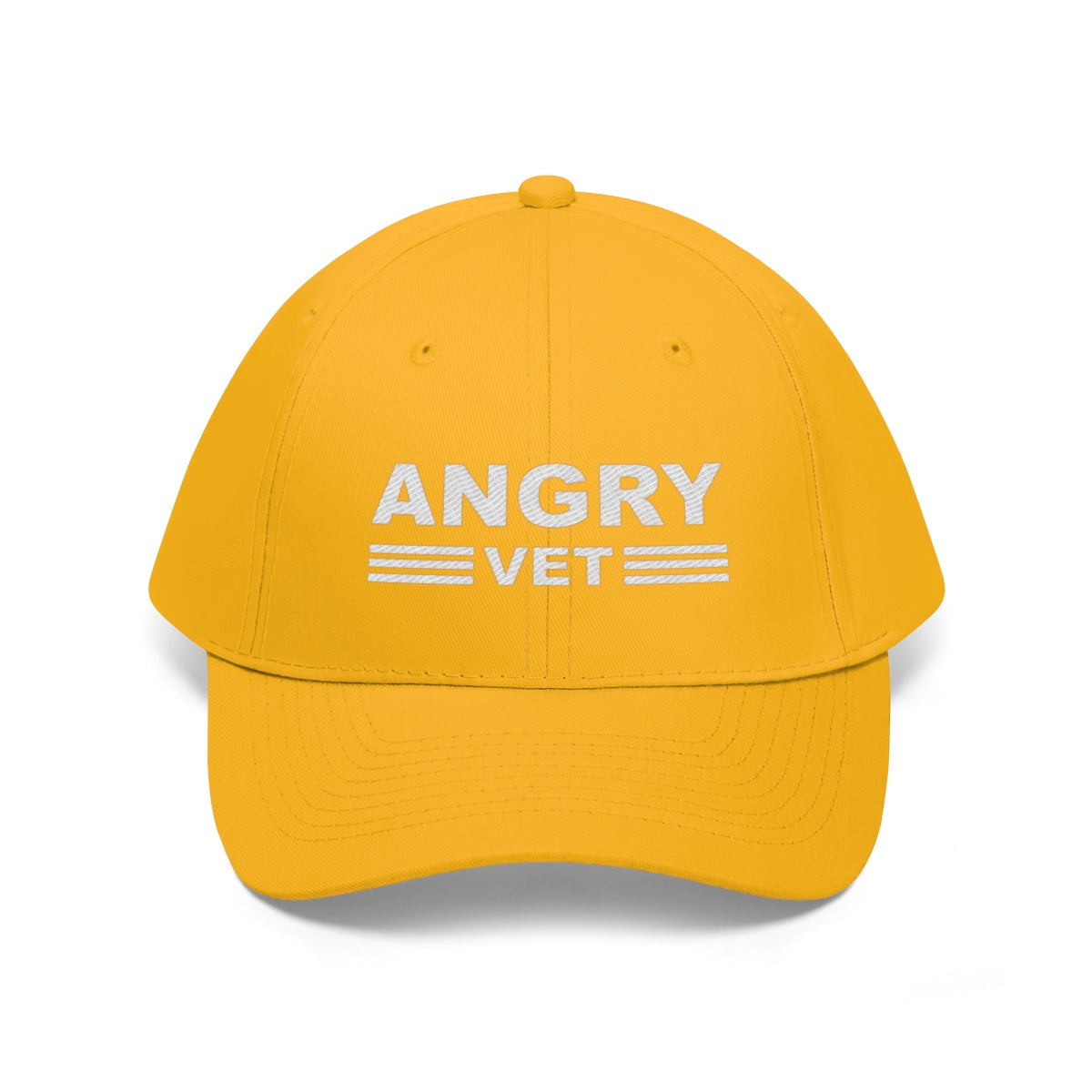 Angry Vet Twill Cap Veteran Pride Graphic Hat in yellow with white lettering.
