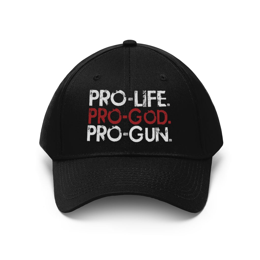 Pro-Life Pro-God Pro-Gun Cotton Twill Cap with bold text on a black background, showcasing core values.