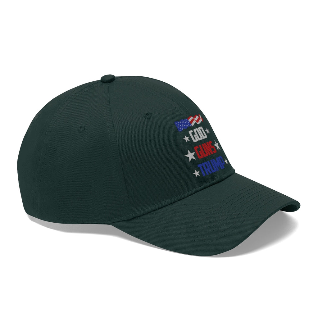 God Guns Trump Patriotic Twill Cap in dark green with patriotic design and bold lettering.