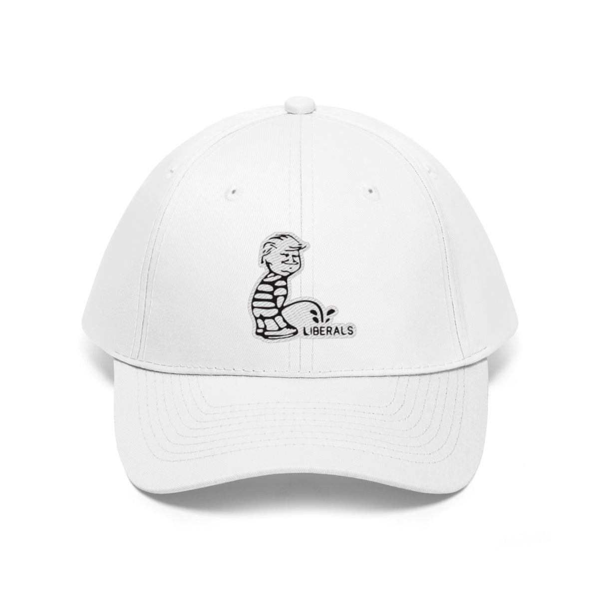 Trump USA Pride Embroidered Twill Cap featuring playful embroidered design against a white background.