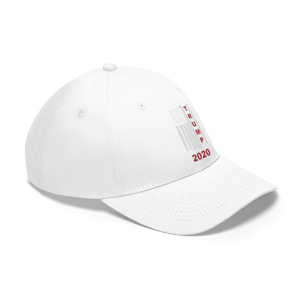 Trump 2020 Red On Distressed American Flag Twill Cap featuring a clean white design and patriotic elements.