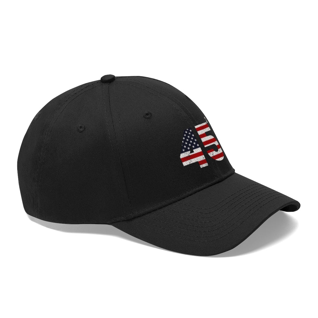 45 Squared Twill Cap Bold Numeric Statement Hat featuring American flag design on black cap.