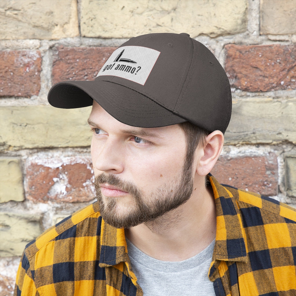 Got Ammo Twill Cap Funny Tactical Style Cap worn by man with beard and plaid shirt, set against a brick wall.