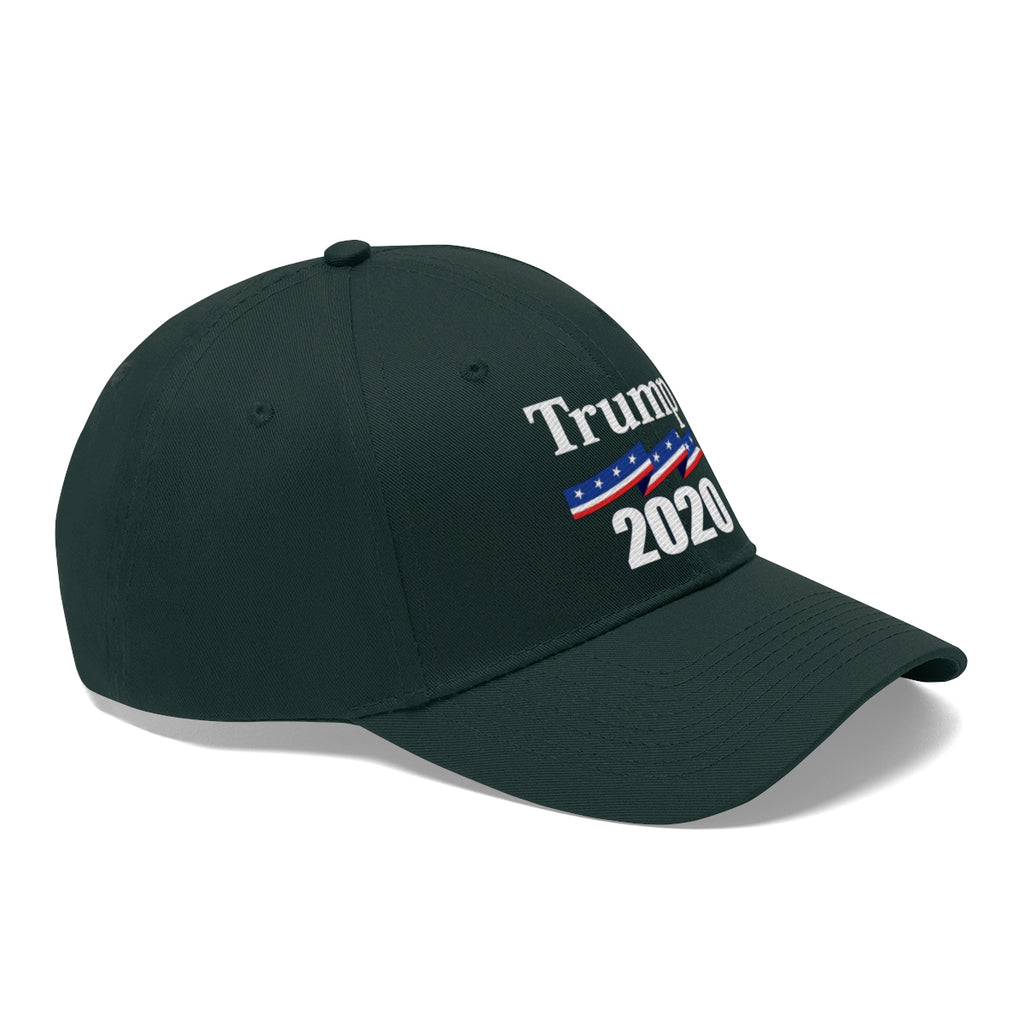 Patriotic 2020 Twill Cap for Trump, featuring a black design with bold Trump 2020 text and American flag accents.