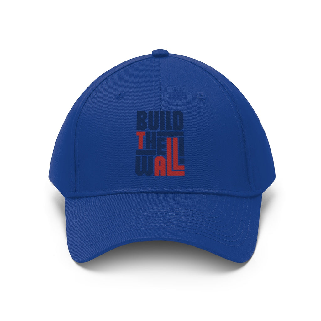 Build The Wall Twill Cap Classic Statement Wear Cap in blue color featuring bold text design.
