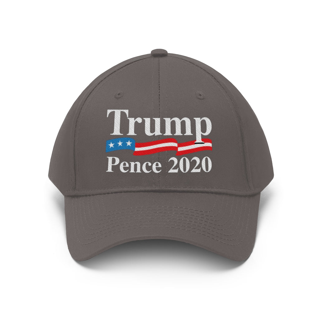 Trump Pence 2020 American Flag Twill Cap featuring embroidered text and patriotic design.