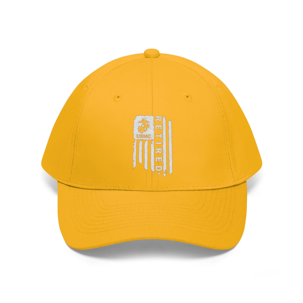USMC Retired On Distressed American Flag Twill Cap in yellow with embroidered design.