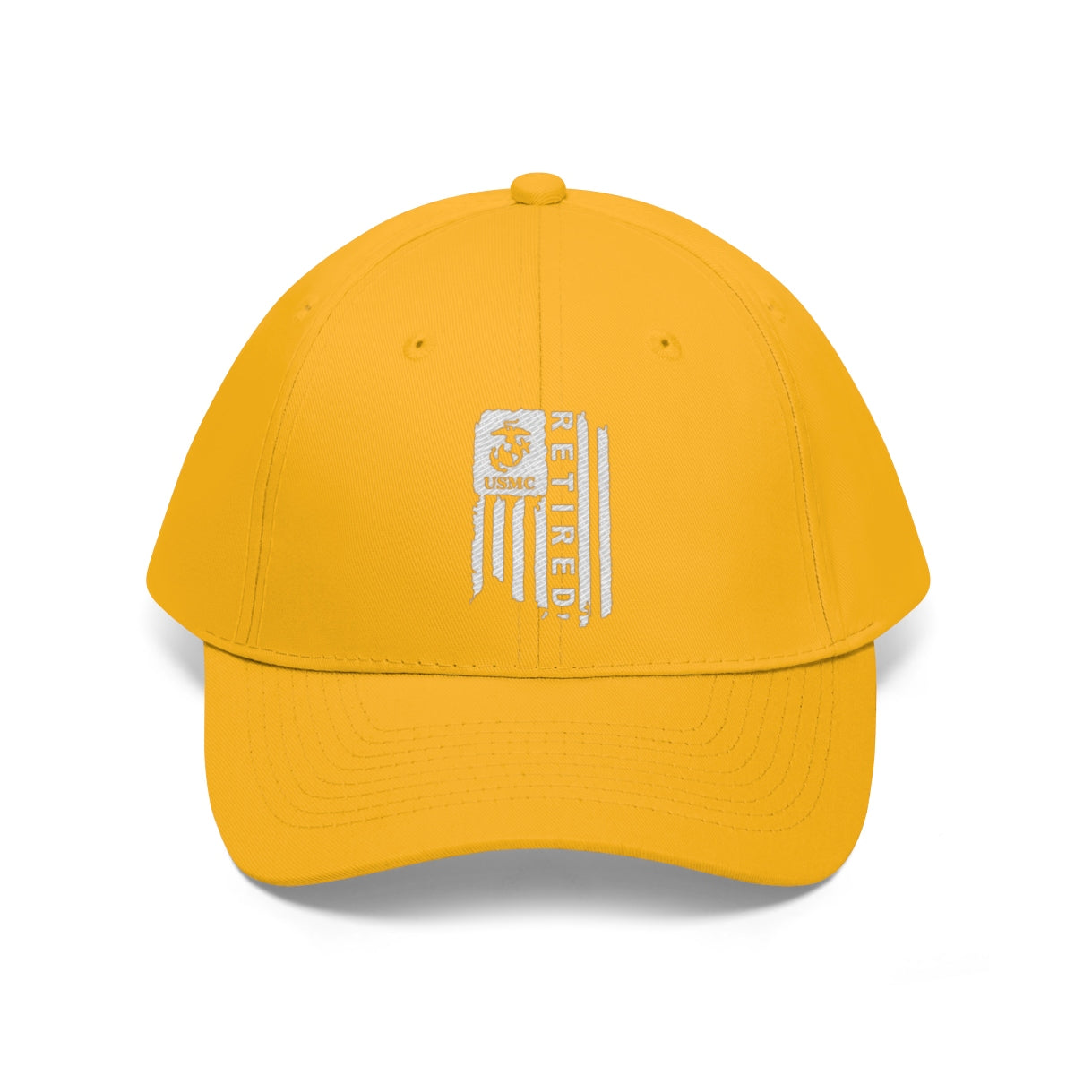 USMC Retired On Distressed American Flag Twill Cap in yellow with embroidered design.