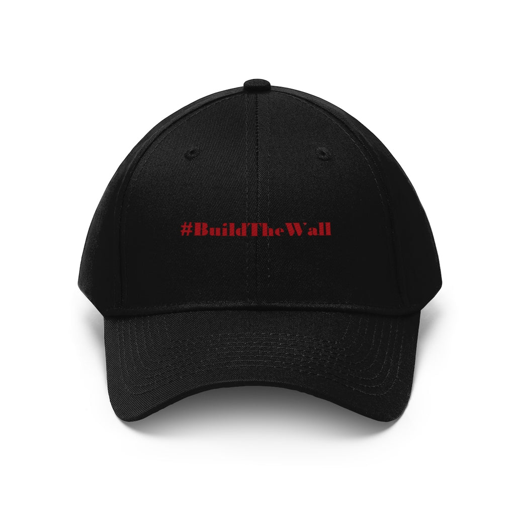 Build The Wall Twill Cap Political Statement Casual Cap with hashtag design in red on a black background.