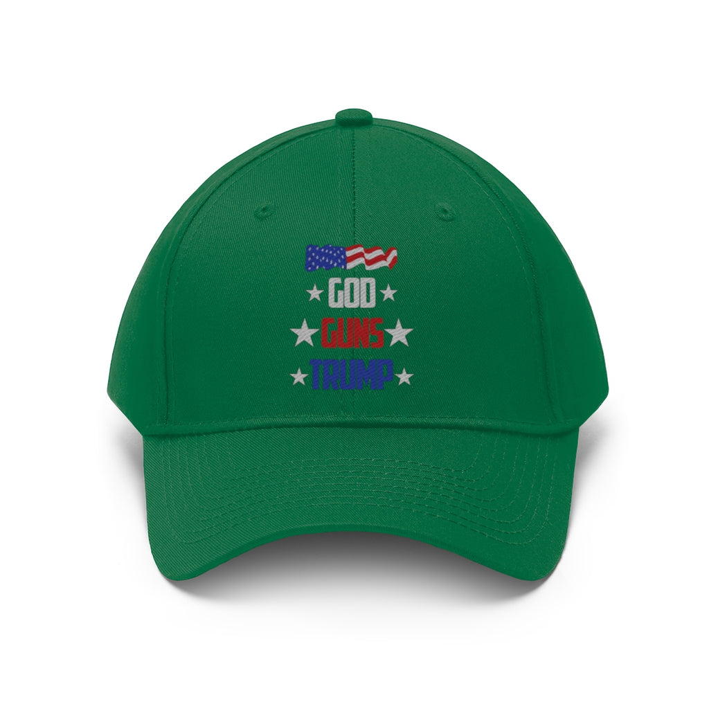 God Guns Trump Patriotic Twill Cap featuring American flag design and bold text on a green baseball cap.