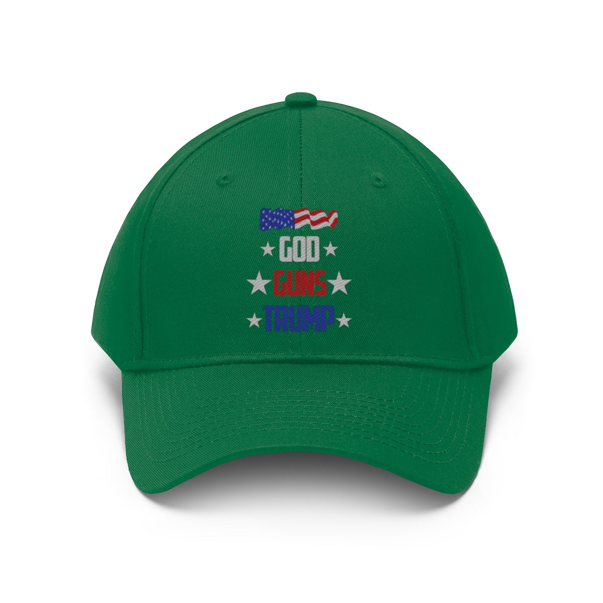 God Guns Trump Patriotic Twill Cap featuring American flag design and bold text on a green baseball cap.