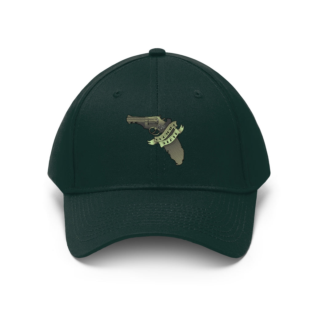 Florida The Gunshine State Twill Cap featuring a gun and Florida state outline design.