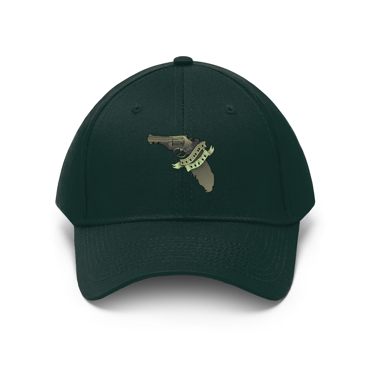 Florida The Gunshine State Twill Cap featuring a gun and Florida state outline design.