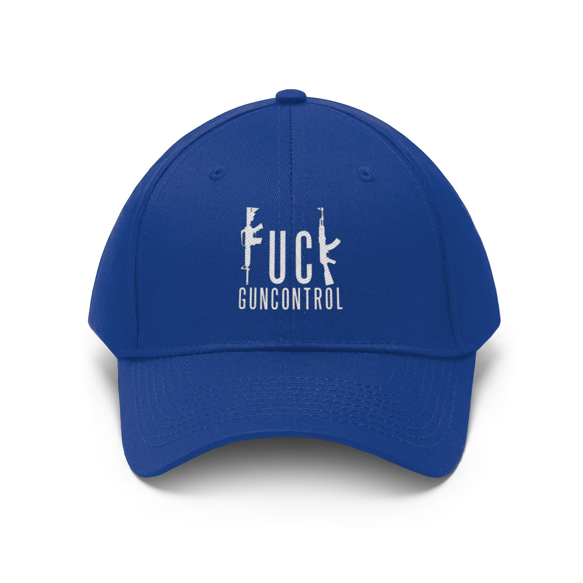 Vintage Fuck Gun Control Cotton Twill Cap in blue featuring bold text and rifle graphics.