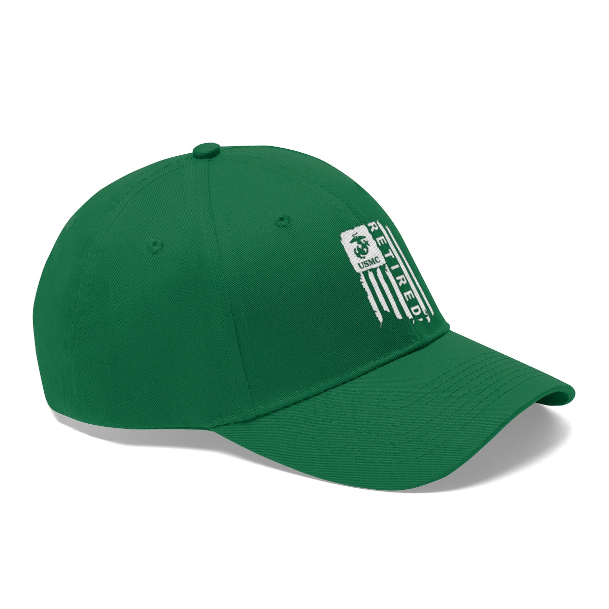 USMC Retired On Distressed American Flag Twill Cap featuring a green design and signature emblem.
