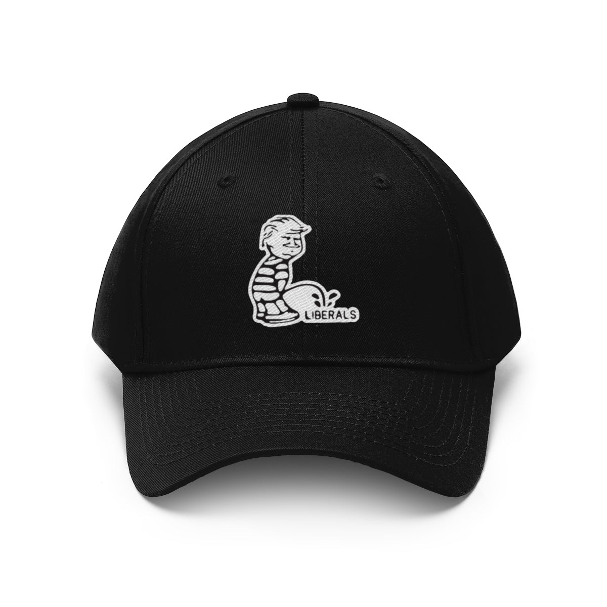 Trump USA Pride Embroidered Twill Cap featuring a humorous design depicting a politician.