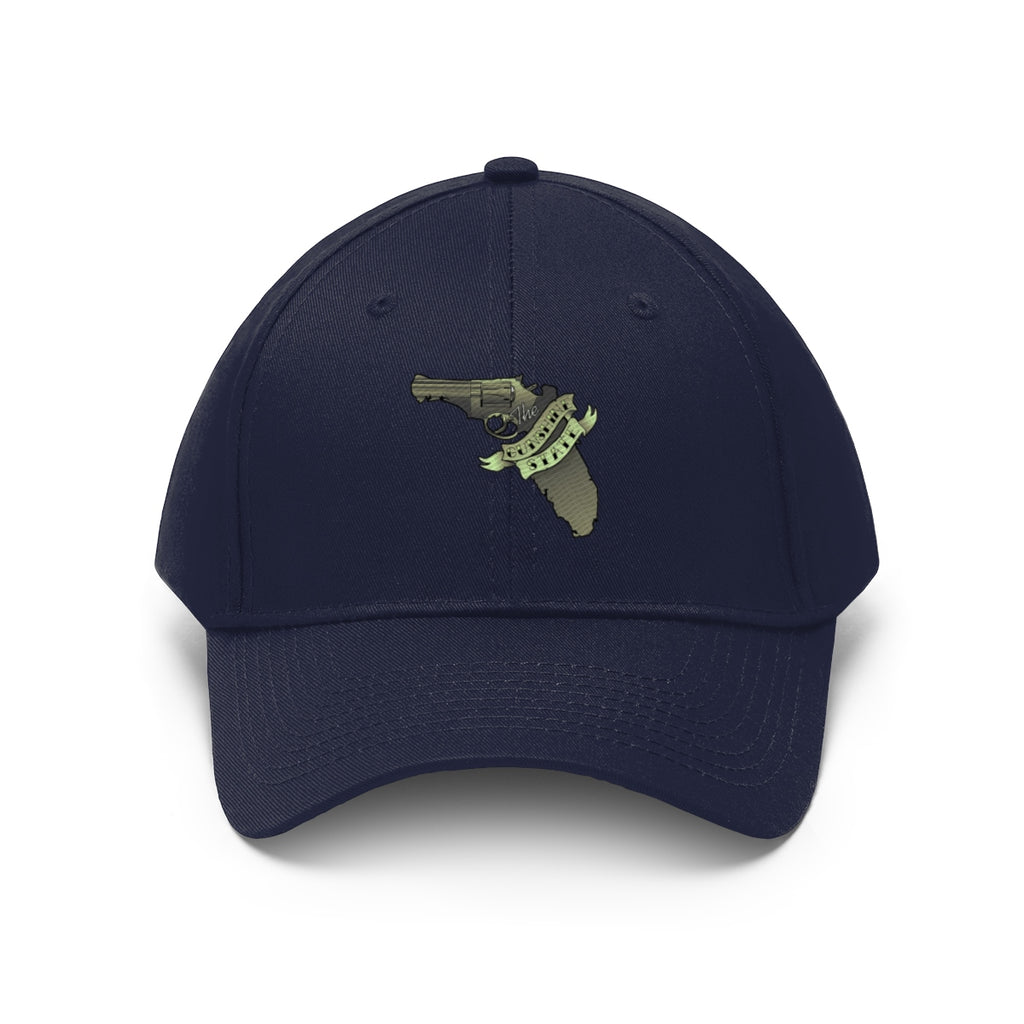 Florida The Gunshine State Twill Cap featuring a firearm graphic on a navy cap.