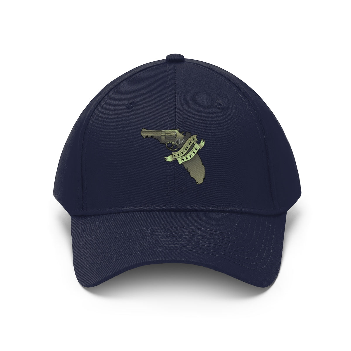 Florida The Gunshine State Twill Cap featuring a firearm graphic on a navy cap.