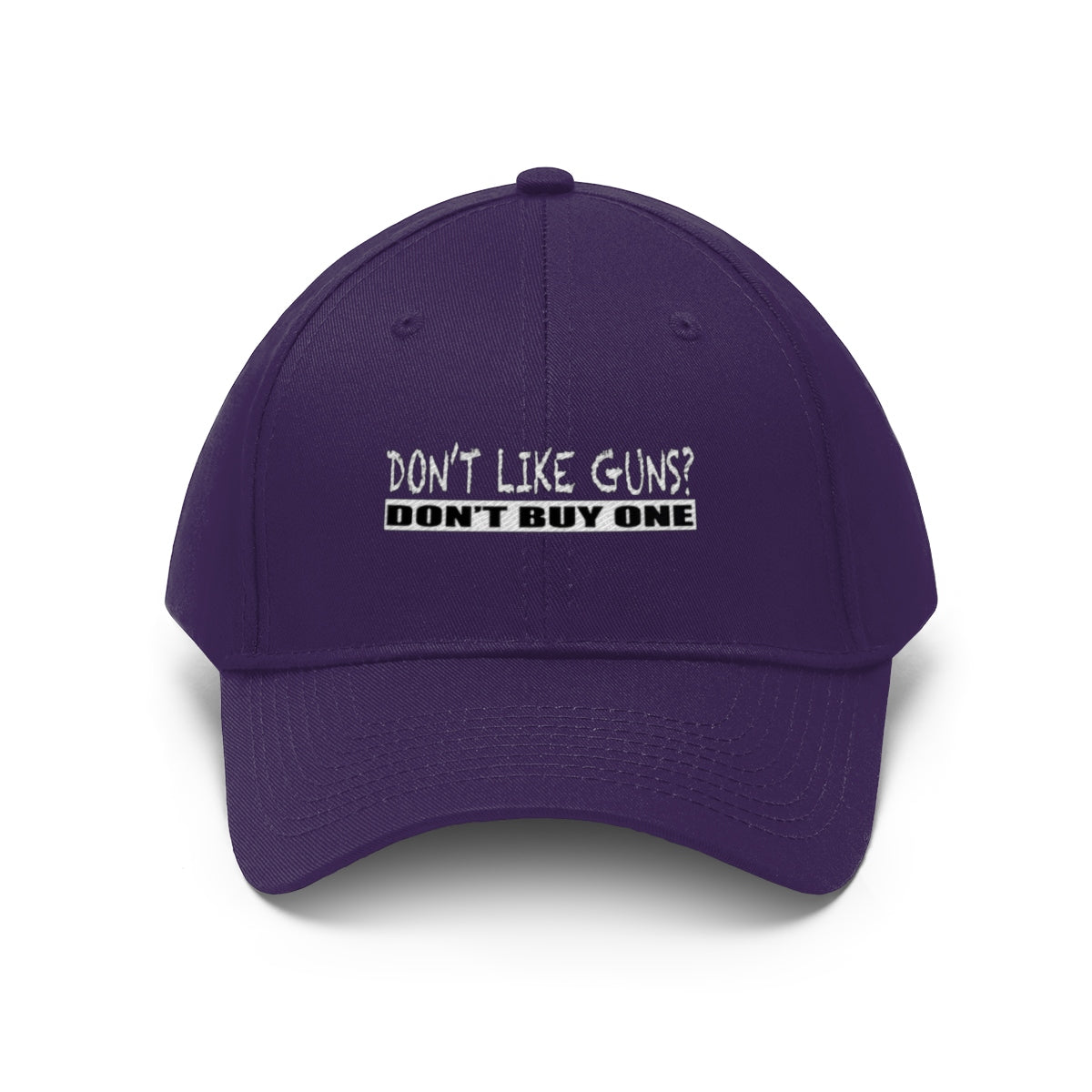 Don't Like Guns Don't Buy One Twill Cap in purple, showcasing a bold statement on Second Amendment rights.