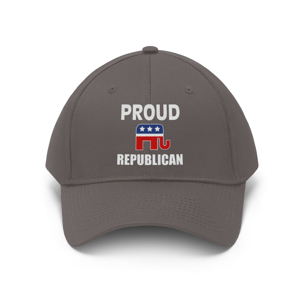 Classic Proud Republican Twill Baseball Cap featuring the text PROUD and iconic elephant emblem.