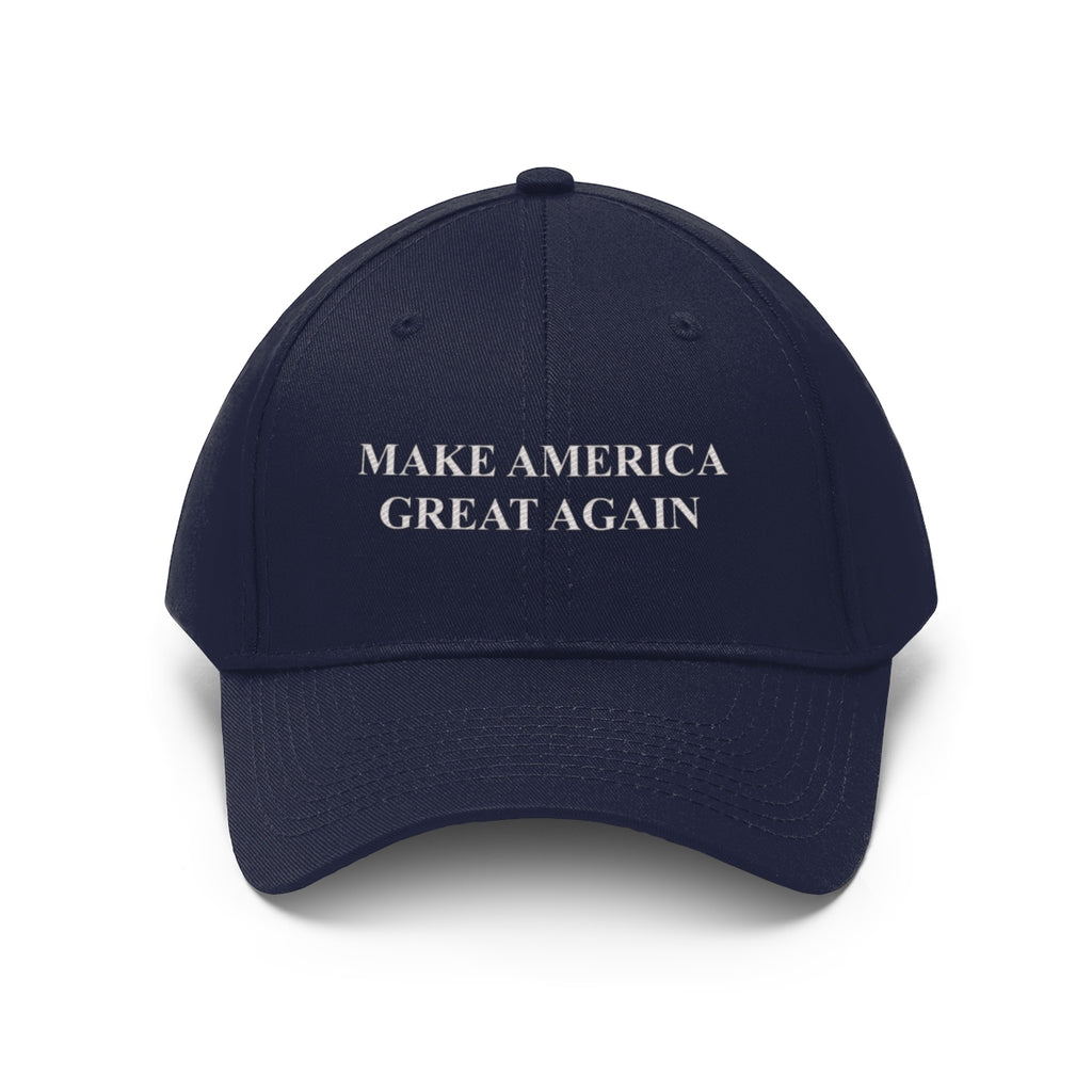 Make America Great Again Twill Cap in navy blue with bold lettering.