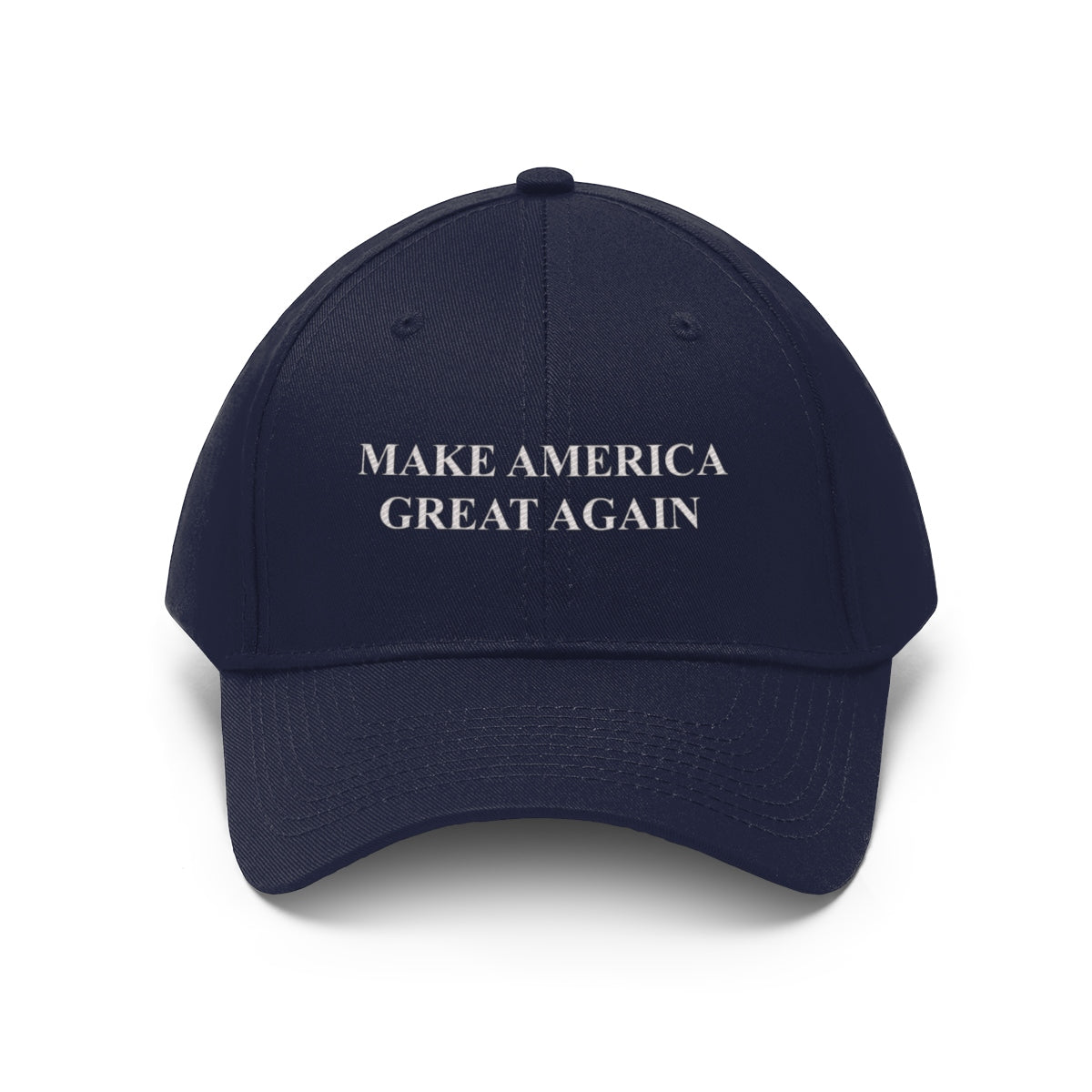 Make America Great Again Twill Cap in navy blue with bold lettering.