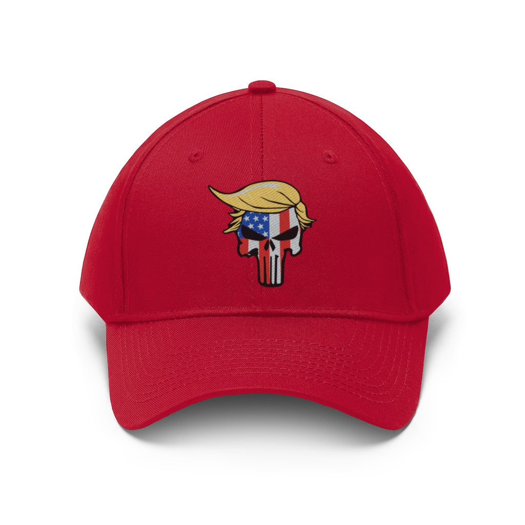 Classic Punisher Twill Cap with Trump Design featuring a red cap and Trump-themed skull logo.