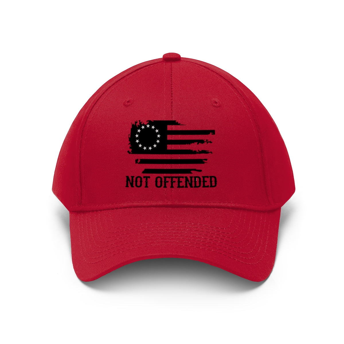 Embroidered Not Offended Casual Twill Hat featuring a red cap with a flag design and the text 'NOT OFFENDED'.