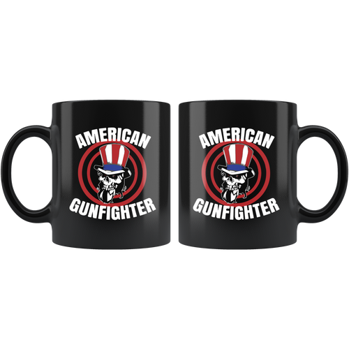 American Gunfighter Patriotic Design black ceramic mug with skull and hat graphic, perfect for hot and cold beverages.