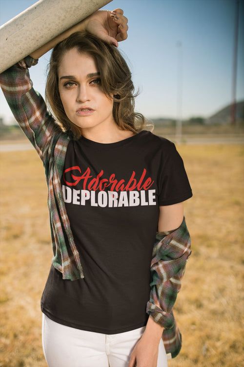 Woman wearing Adorable Deplorable Funny Graphic Design shirt outdoors